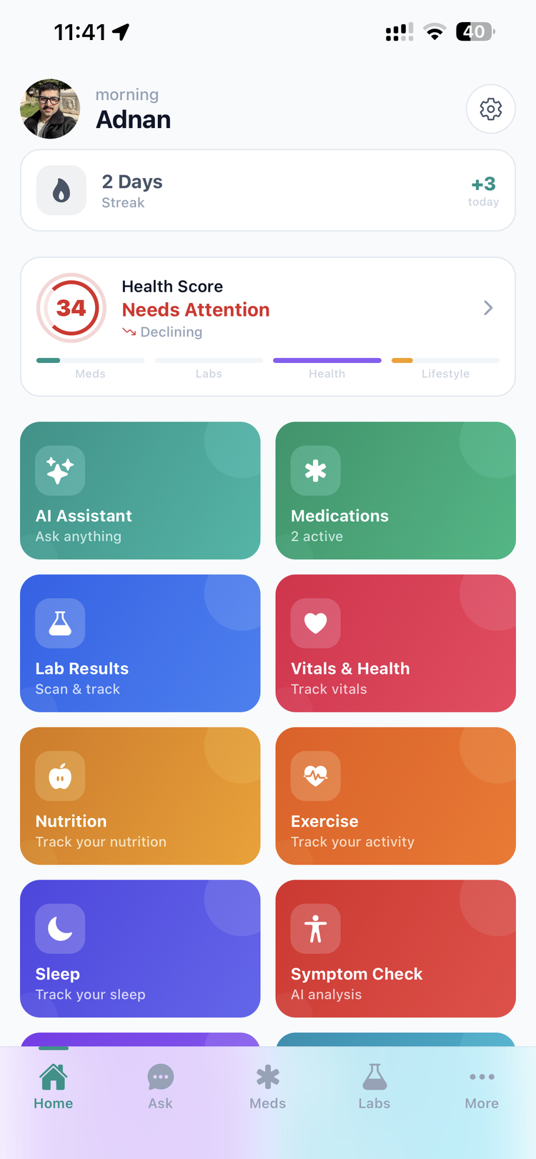 Sihtak health dashboard showing health score, features, and medication timeline